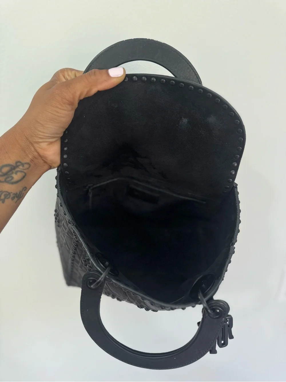 Authentic Dior Lady Dior Medium Matte Black Studded 2 way Bag 2018